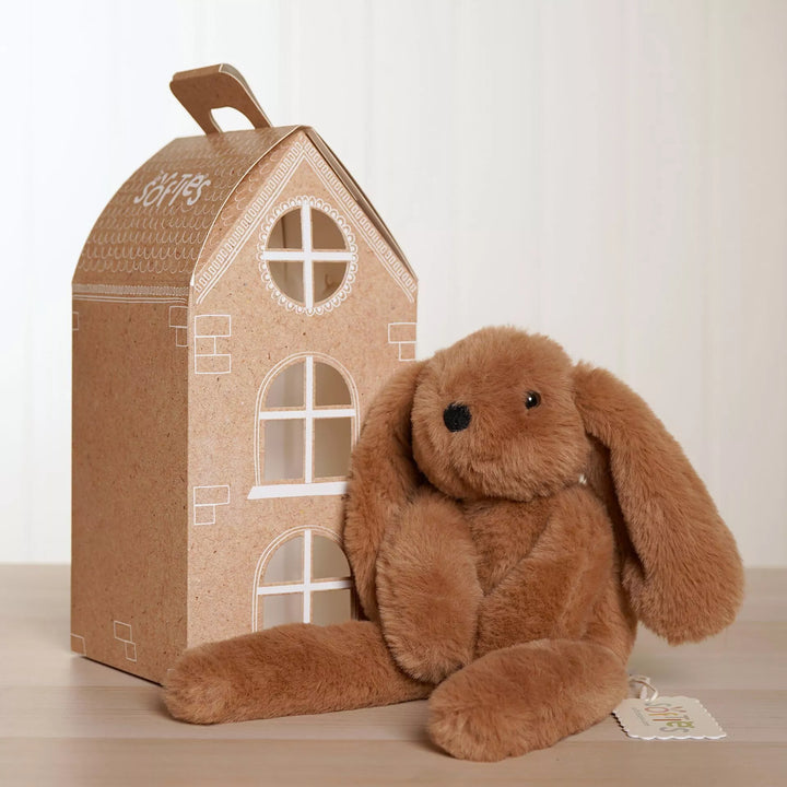 Dark brown Cookie the Bunny plush softie with long legs, soft and cuddly, by Cornucopia Home and Gift for Widdop &amp; Co.