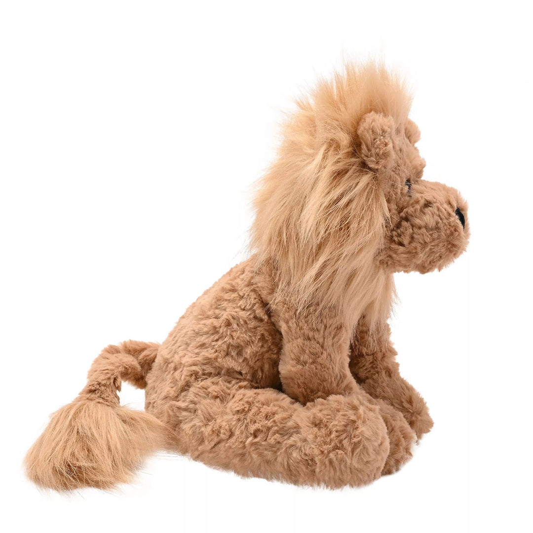 Brown plush lion softie named Leo sitting, made by Widdop &amp; Co for Cornucopia Home and Gift, soft and cuddly toy.