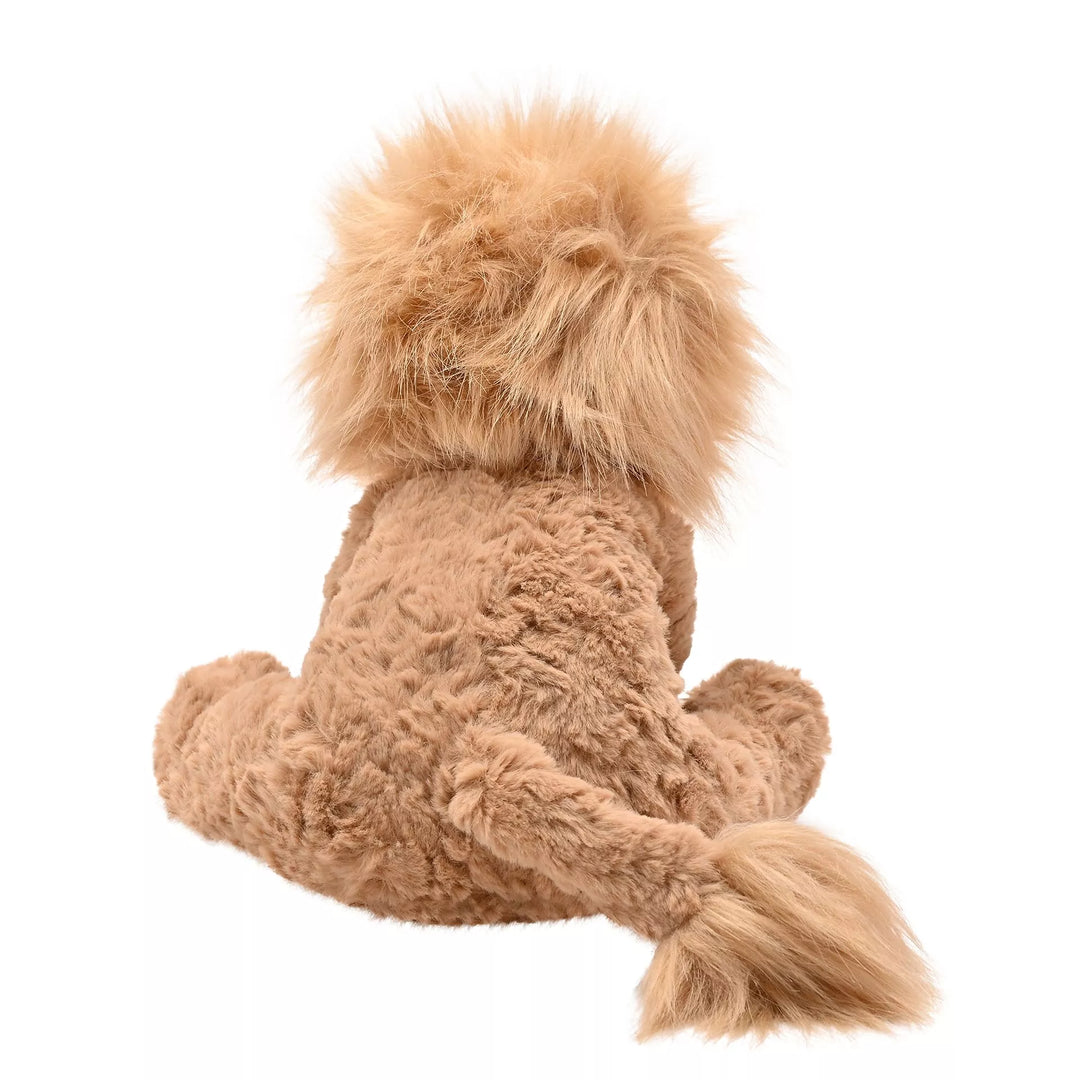 Brown plush lion softie named Leo sitting, made by Widdop &amp; Co for Cornucopia Home and Gift, with soft fabric and detailed features.