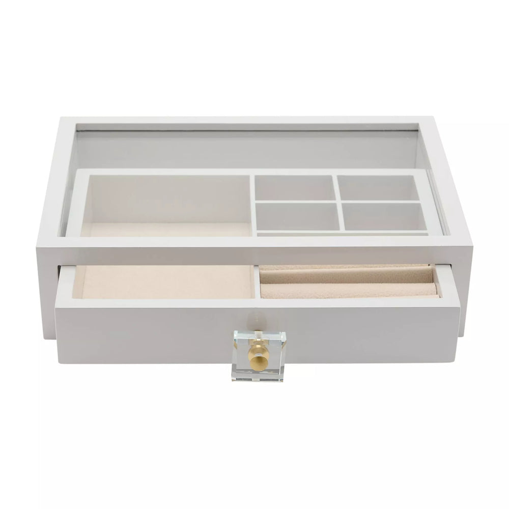 White Widdop & Co jewelry box with compartments and a drawer, featuring a sleek design for organizing jewelry and accessories.