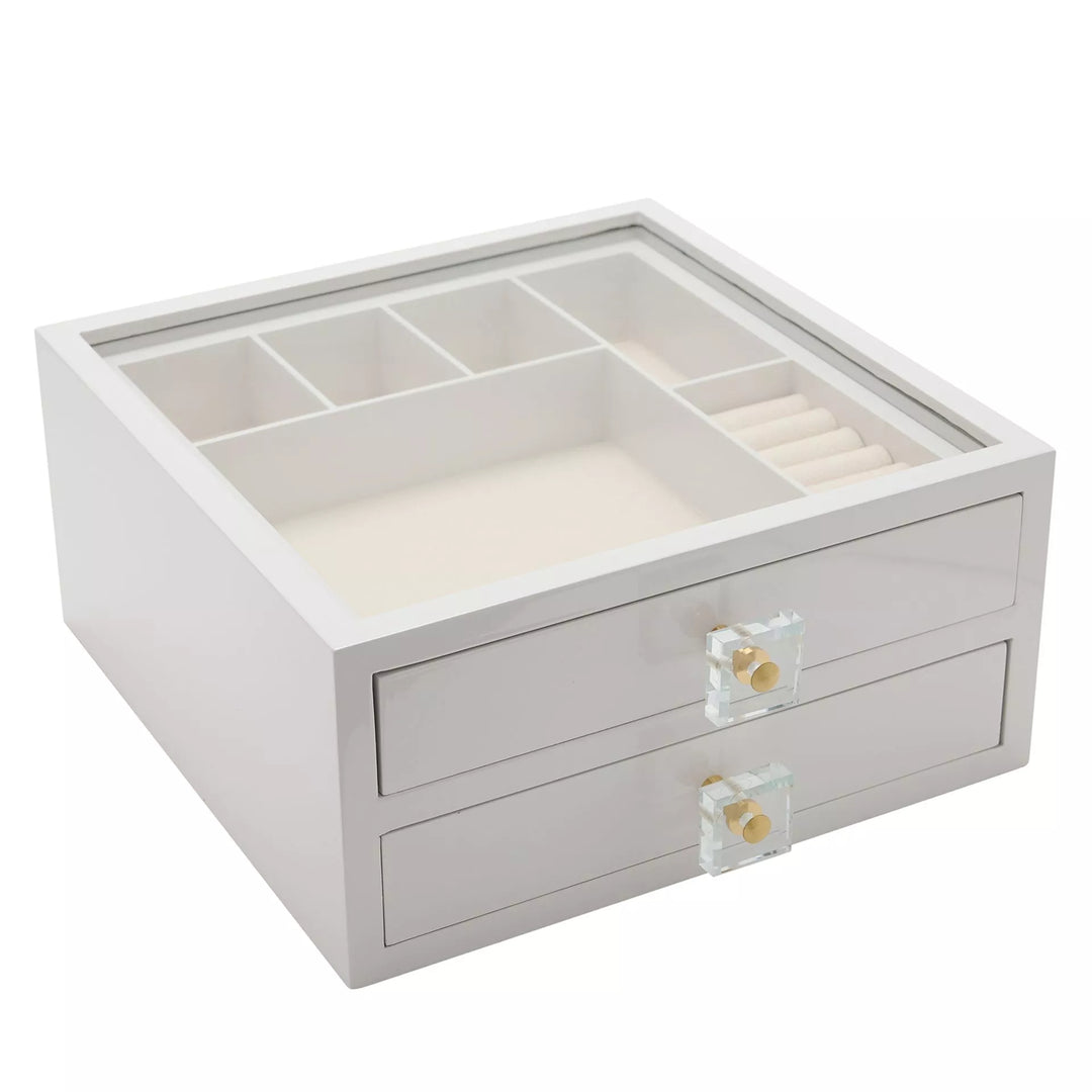 White wooden jewellery box with compartments and two drawers by Widdop &amp; Co, perfect for organizing rings, necklaces, and jewelry.