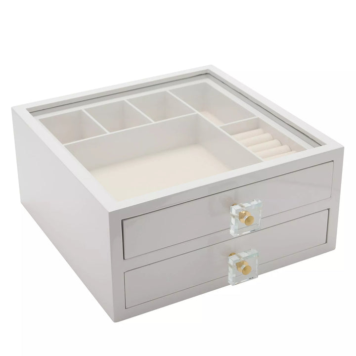 White wooden jewellery box with compartments and two drawers by Widdop &amp; Co, perfect for organizing rings, necklaces, and jewelry.