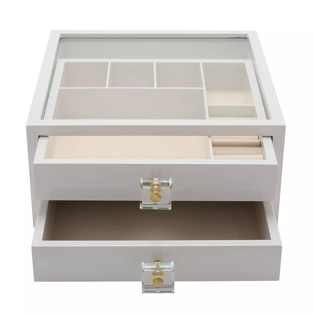 White wooden jewellery box with compartments and two drawers by Widdop & Co, featuring a classic design for organizing jewelry.