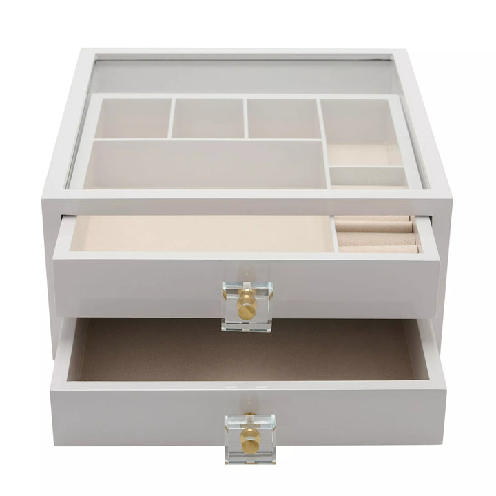 White wooden jewellery box with compartments and two drawers by Widdop &amp; Co, featuring a classic design for organizing jewelry.