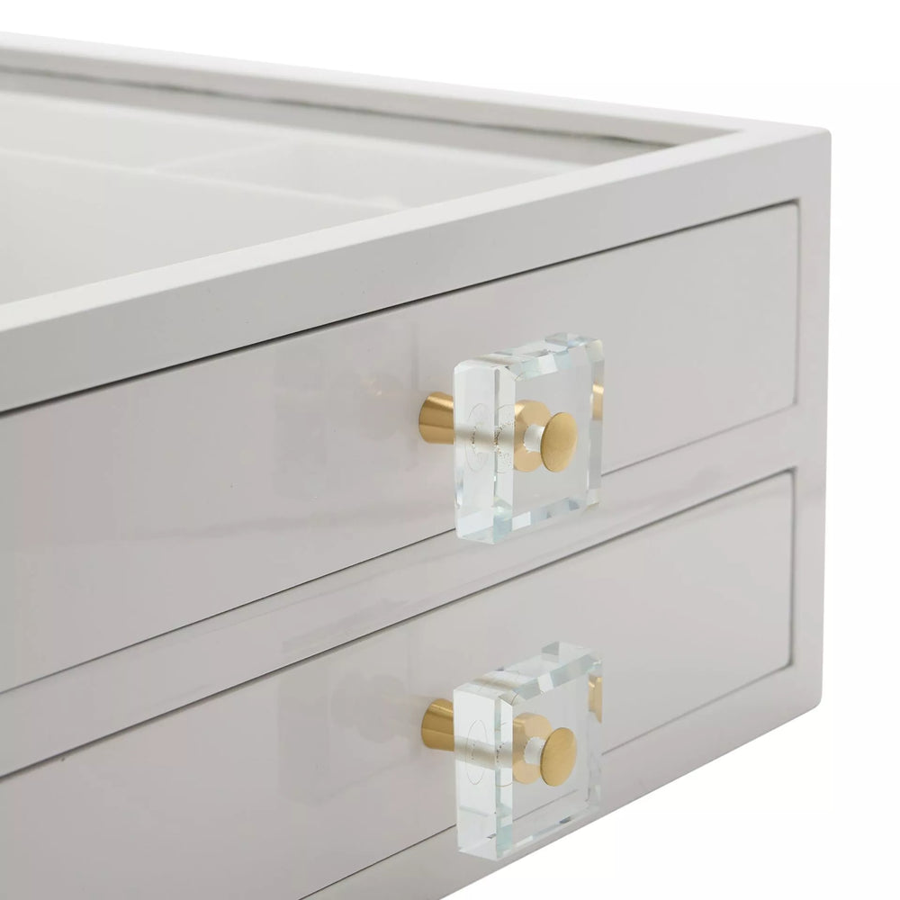 White wooden jewellery box with compartments and two drawers by Widdop & Co, perfect for organizing rings, necklaces, and earrings.