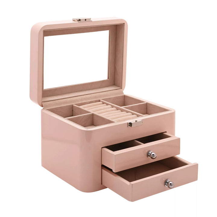 Pink wooden jewellery box with compartments and two drawers by Widdop &amp; Co, from Cornucopia Home and Gift, featuring organized storage space.