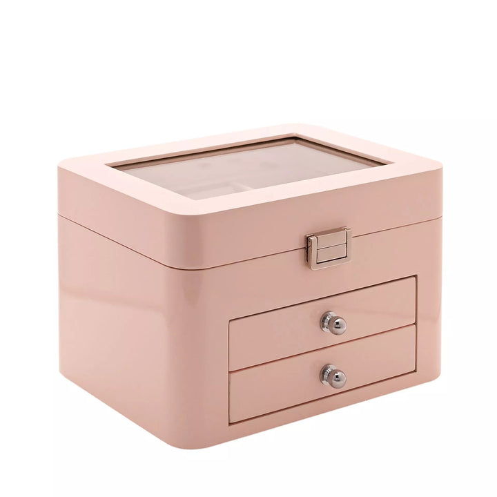 Pink wooden jewellery box with compartments and two drawers by Widdop &amp; Co, featuring a decorative finish and organized storage.