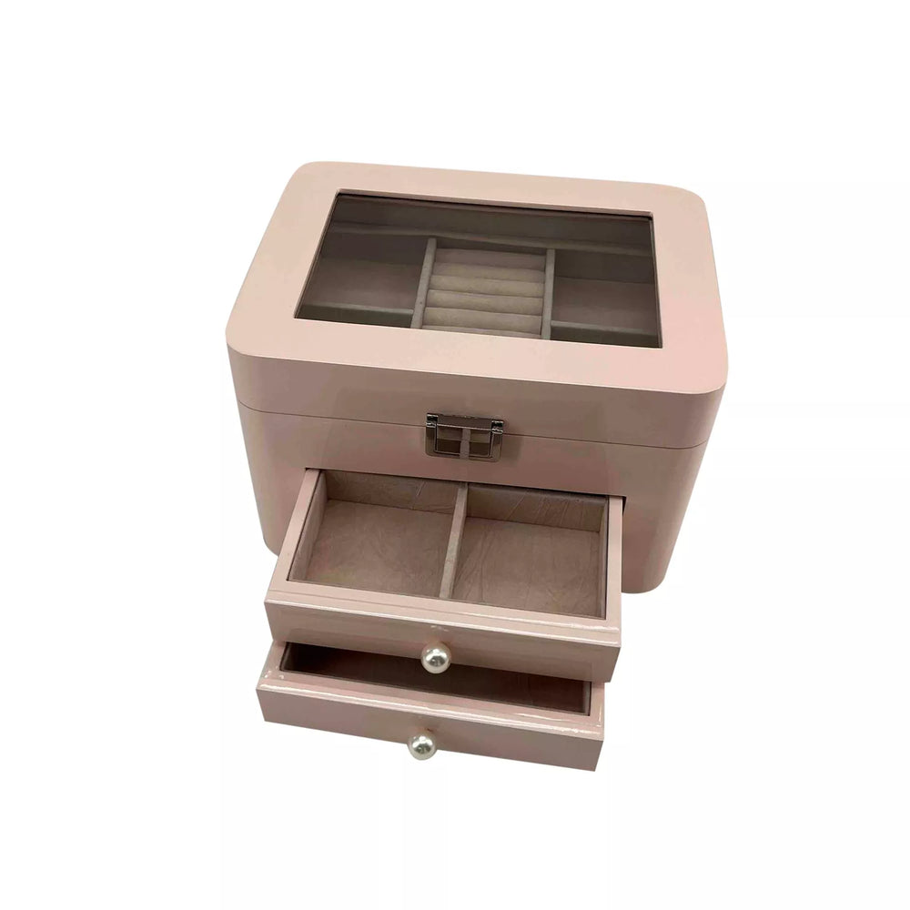 Pink wooden jewellery box with compartments and two drawers by Widdop & Co, featuring a decorative finish and organized storage space.