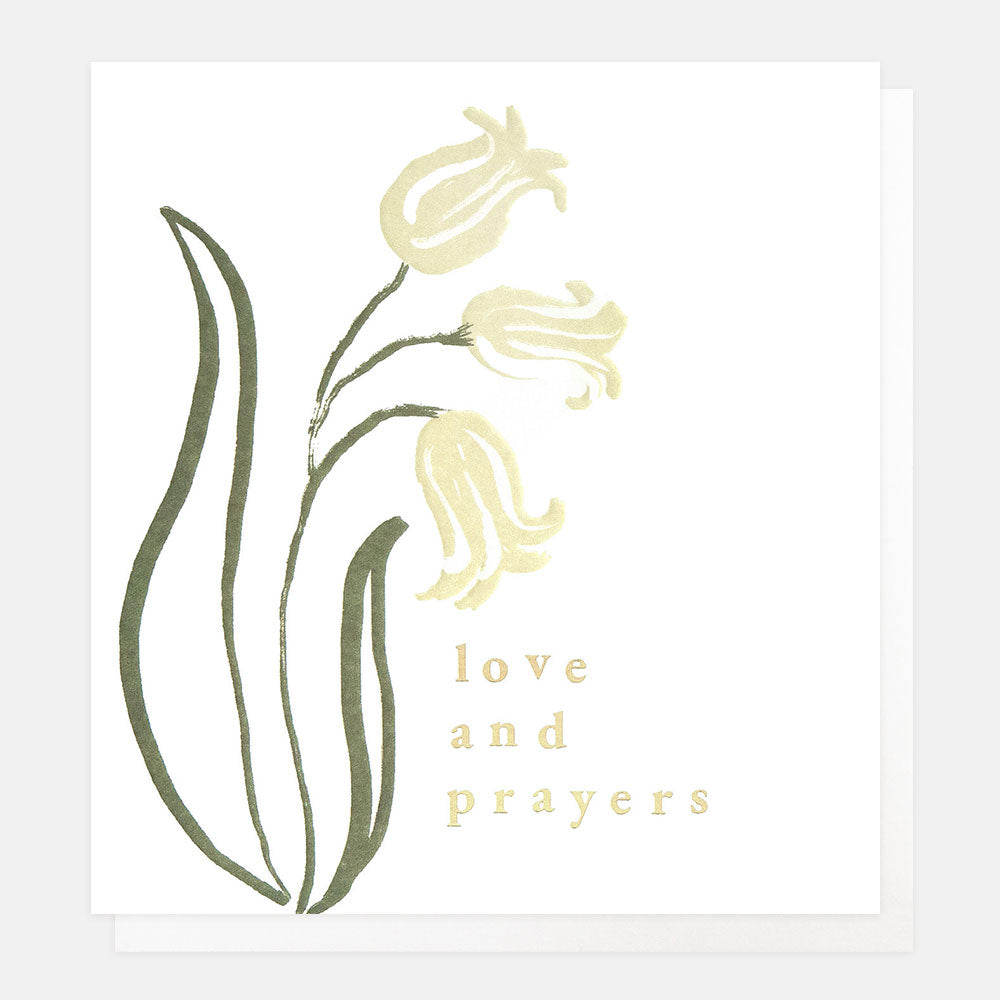 Caroline Gardner pastel white flowers sympathy card with delicate floral design and heartfelt love and prayers message.