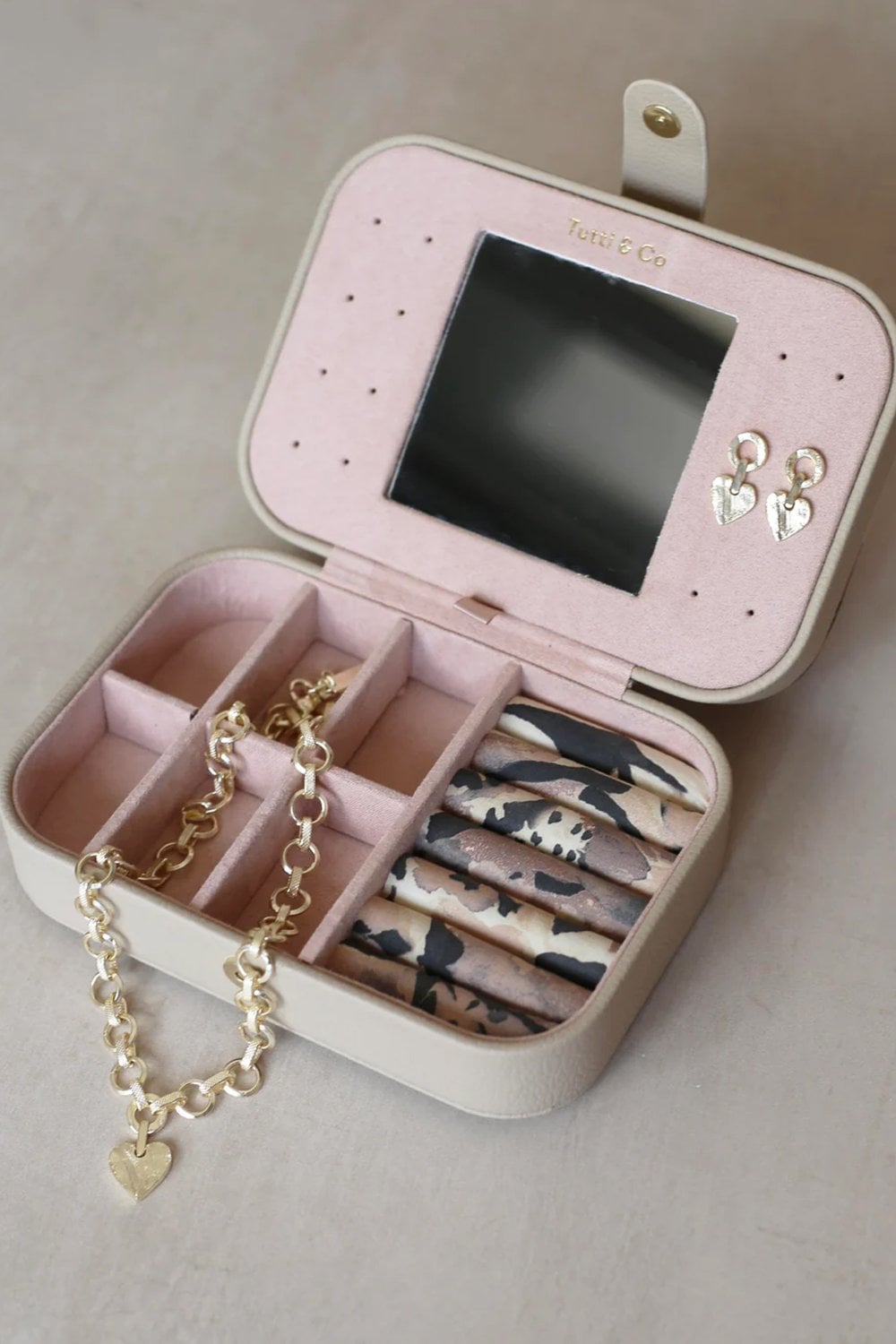 Tutti &amp; Co Elm Jewellery Box with carved wood finish and multiple compartments for organizing jewelry.