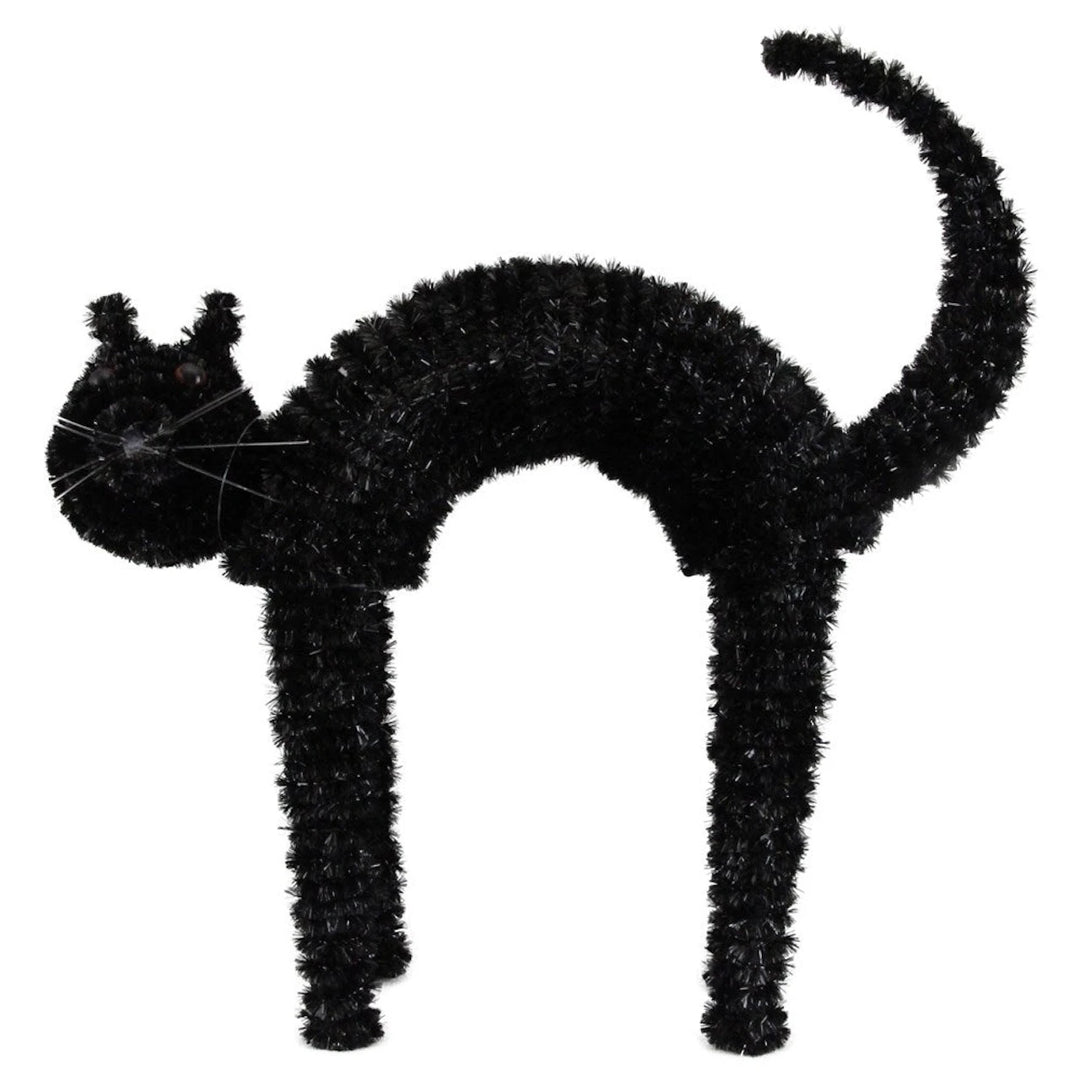 Black tinsel standing cat Halloween decoration by Gisela Graham, made by Cornucopia Home and Gift, with shiny tinsel and detailed features.