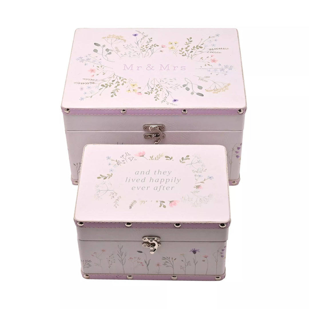 Wildflower set of 2 wedding keepsake luggage boxes by Widdop & Co, decorative storage containers with floral design.