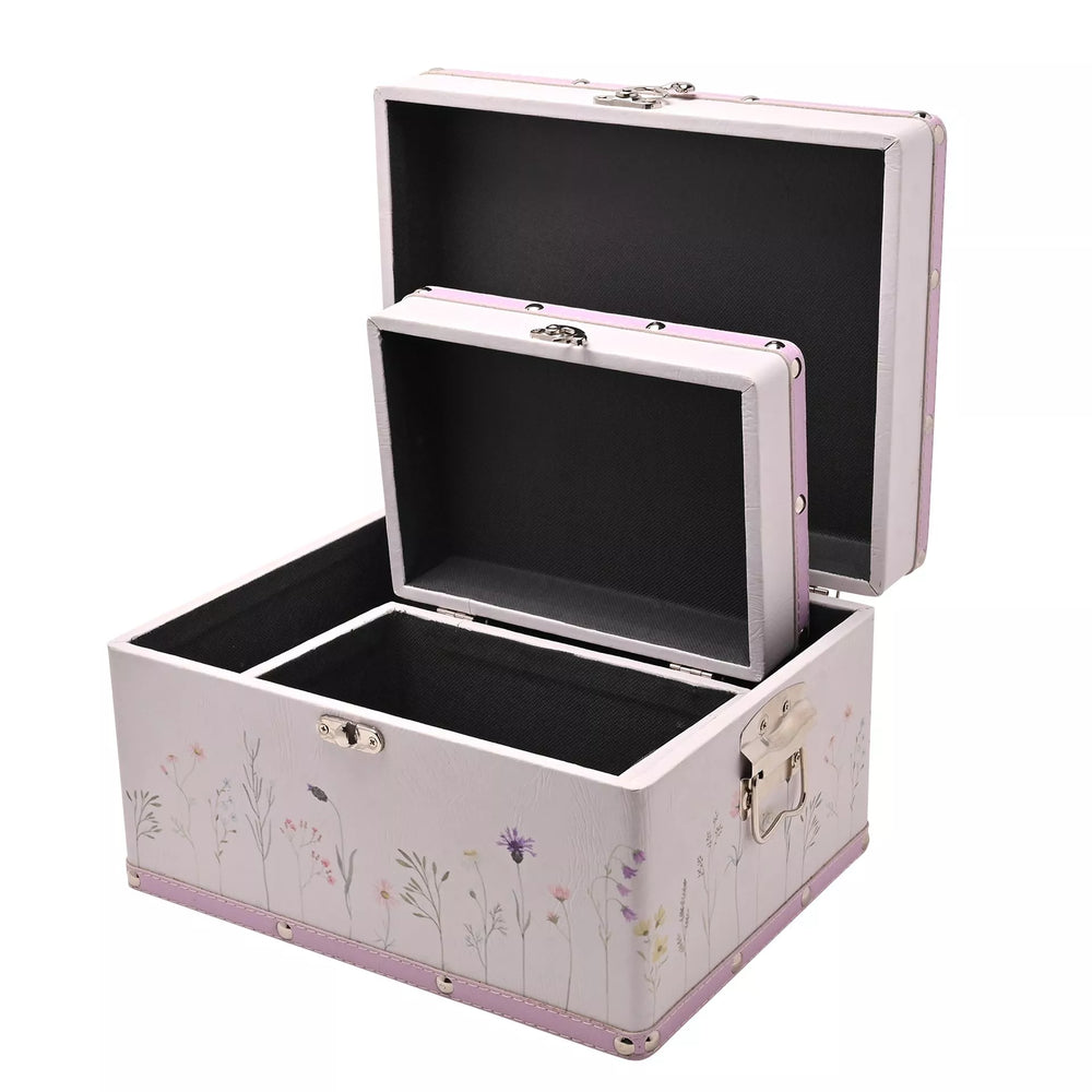 Wildflower set of 2 wedding keepsake luggage boxes by Widdop & Co, Cornucopia Home and Gift, with floral design and vintage style.