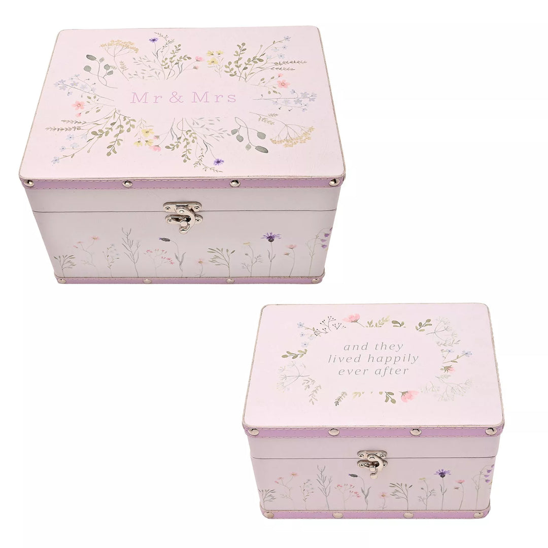 Wildflower wedding keepsake luggage boxes by Widdop &amp; Co, Cornucopia Home and Gift, featuring floral designs and vintage-style storage.
