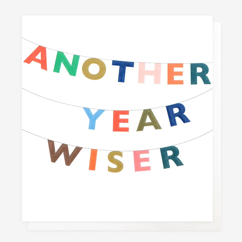 Caroline Gardner "Another Year Wiser" bunting card with colorful floral and banner design, suitable for celebrating birthdays or milestones