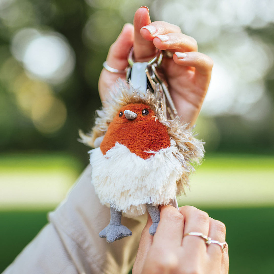 Robin plush keyring featuring Adele from Wrendale Designs, with detailed soft fabric and charming bird illustration.