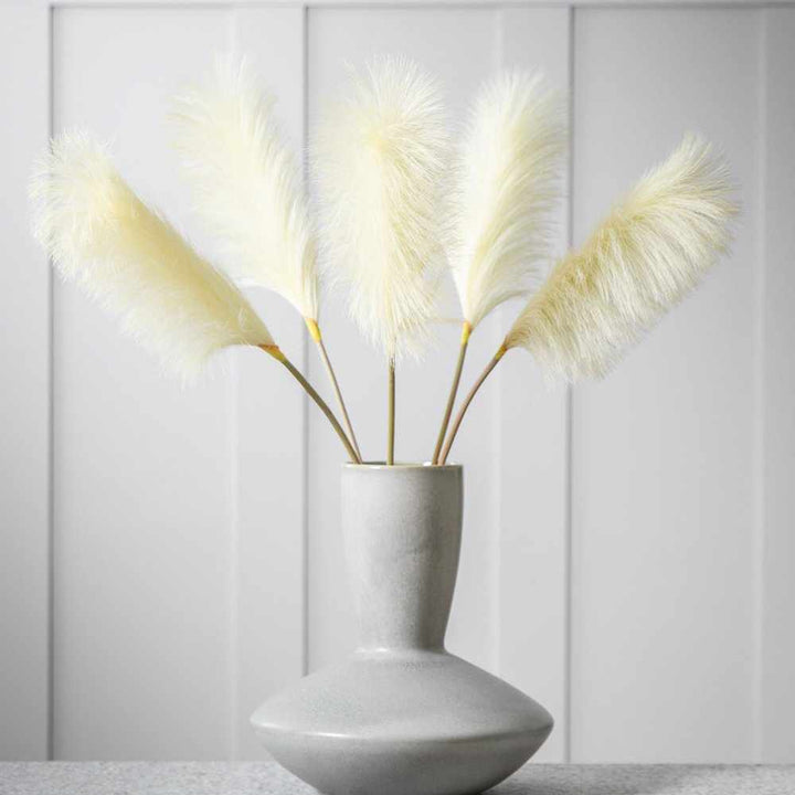 Five soft ivory feather stems from Cornucopia Home and Gift, elegant gallery floral arrangement for home decor.