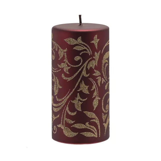Large gold glitter pillar candle from Widdop &amp; Co Christmas collection by Cornucopia Home and Gift, decorated with festive gold glitter.
