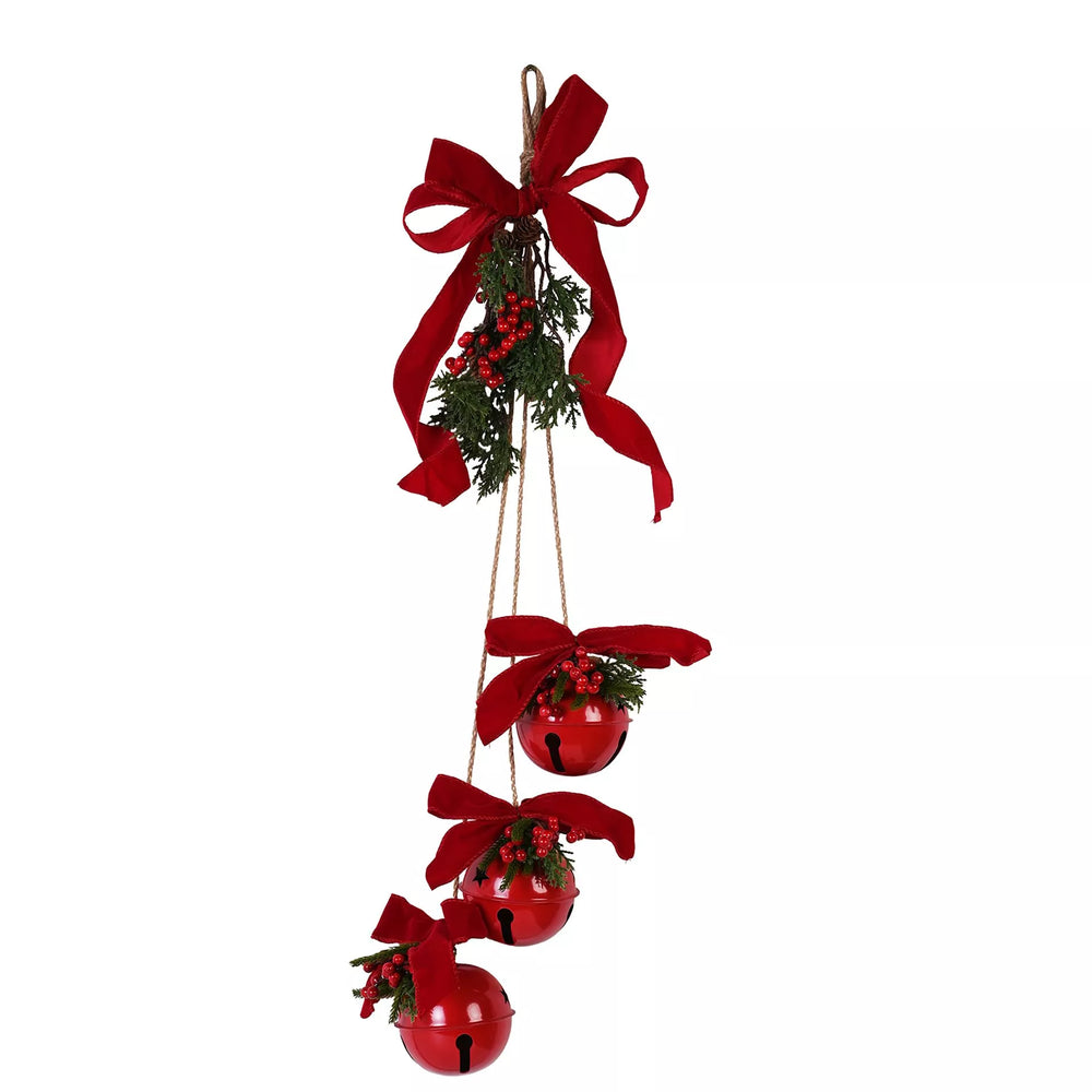 Red bells with a bow and faux foliage for Christmas, designed by Widdop & Co for Cornucopia Home and Gift.