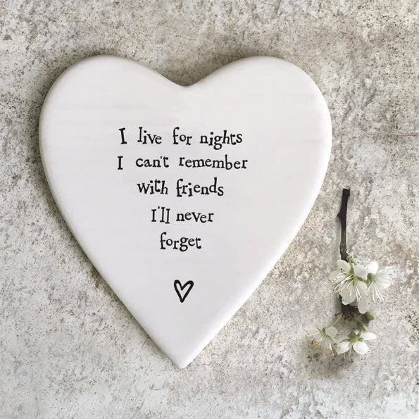 Porcelain coaster featuring "I Live for Nights" design by East of India, from Cornucopia Home and Gift, with a decorative pattern.