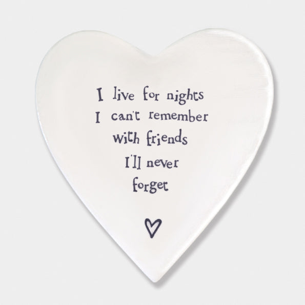 East of India porcelain coaster featuring "I Live for Nights" design, ideal for protecting surfaces with stylish, decorative flair.