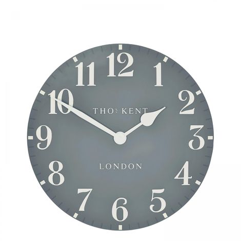 12-inch Flax Blue Arabic Wall Clock by Cornucopia Home and Gift, with elegant Arabic numerals and modern design.