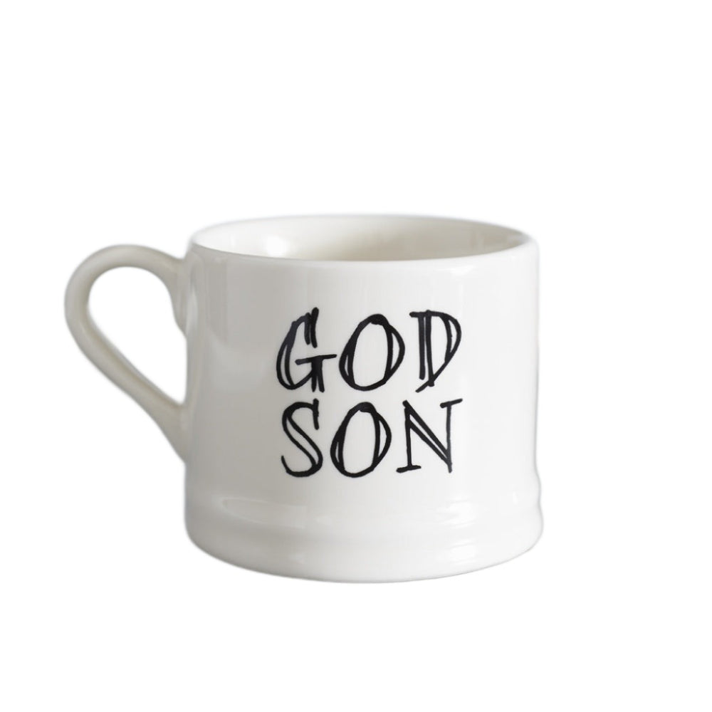 Sweet William family mug with "Godson" inscription from Cornucopia Home and Gift, featuring a cheerful design on a ceramic mug.