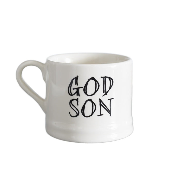 Sweet William family mug with "Godson" inscription from Cornucopia Home and Gift, featuring a cheerful design on a ceramic mug.