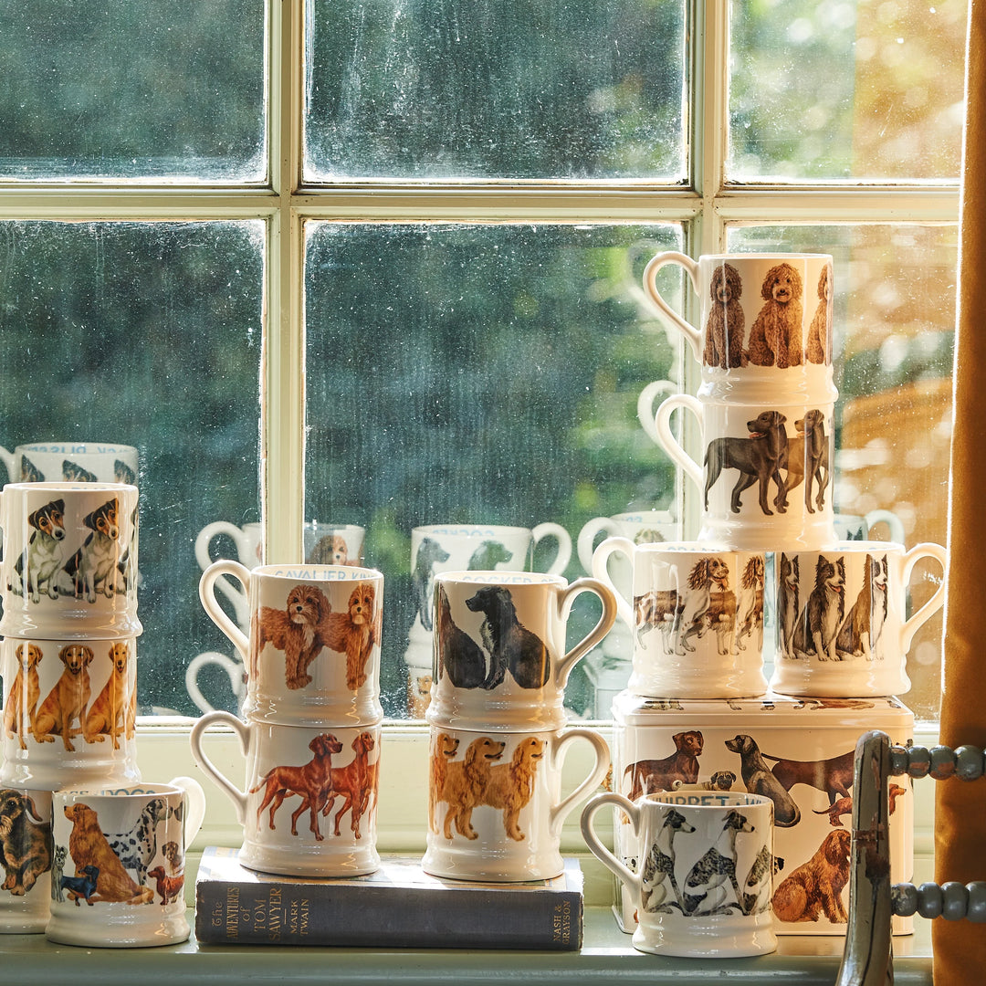 Emma Bridgewater Golden Retriever half pint mug with detailed dog illustration on white ceramic, perfect for dog lovers.