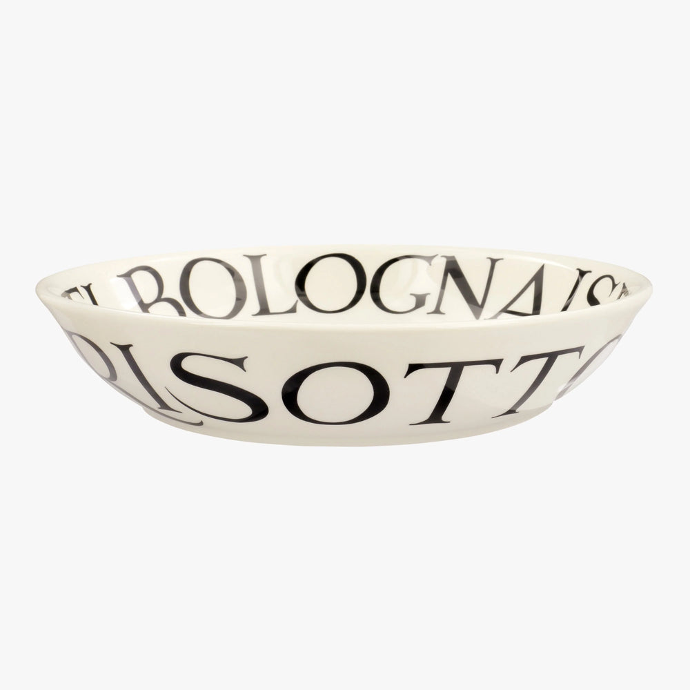 Emma Bridgewater Black Toast spaghetti pasta bowl with gray background and black toast pattern, medium size ceramic design.