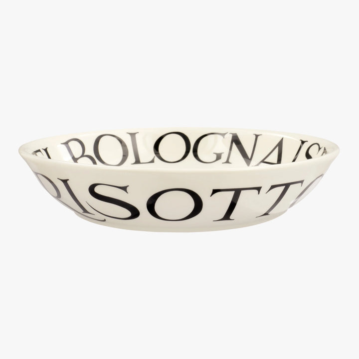Emma Bridgewater Black Toast spaghetti pasta bowl with gray background and black toast pattern, medium size ceramic design.
