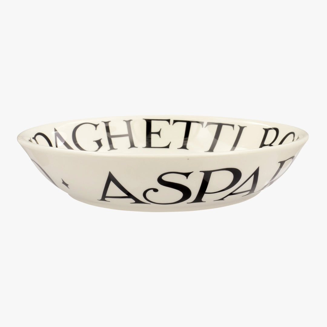 Emma Bridgewater Black Toast medium pasta bowl with black toast pattern on ceramic, suitable for serving spaghetti.