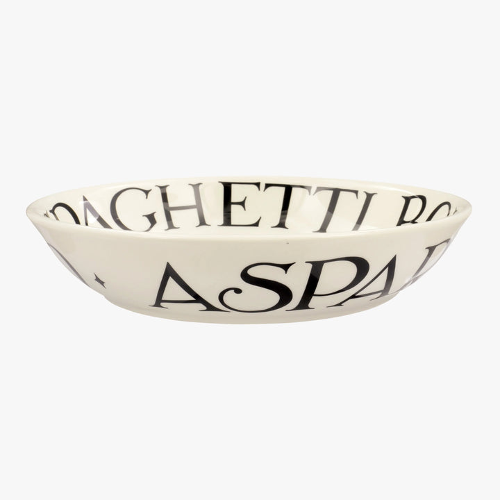 Emma Bridgewater Black Toast medium pasta bowl with black toast pattern on ceramic, suitable for serving spaghetti.
