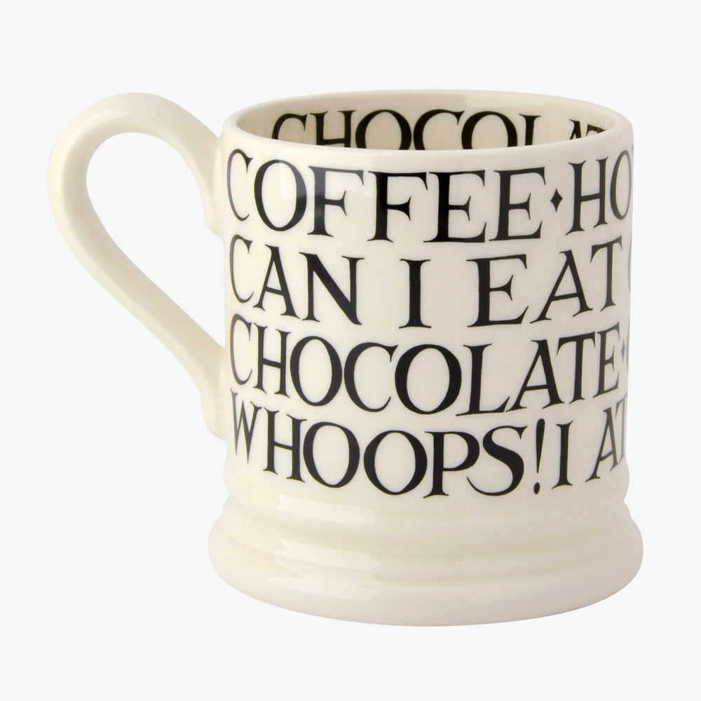 Emma Bridgewater Black Toast all-over writing 1/2 pint mug with black and white design, featuring classic toast pattern.