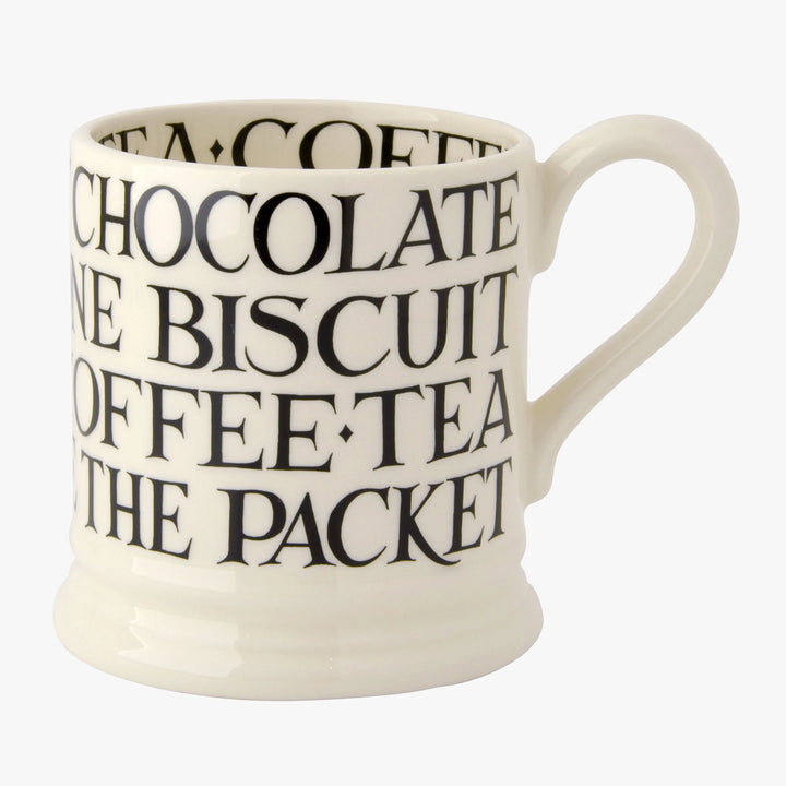 Emma Bridgewater Black Toast All Over Writing 1/2 Pint Mug with black and white toast pattern on ceramic mug.