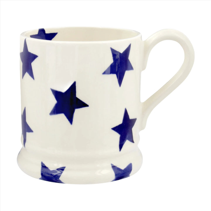 Emma Bridgewater Blue Star Half Pint Mug with blue star design and white ceramic finish, detailed close-up image.