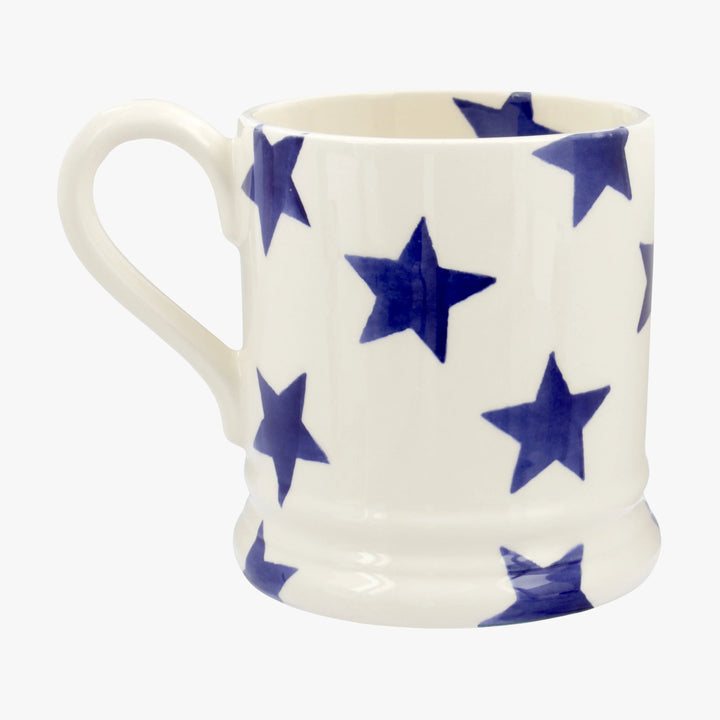Emma Bridgewater Blue Star half pint ceramic mug with blue star design on white background.