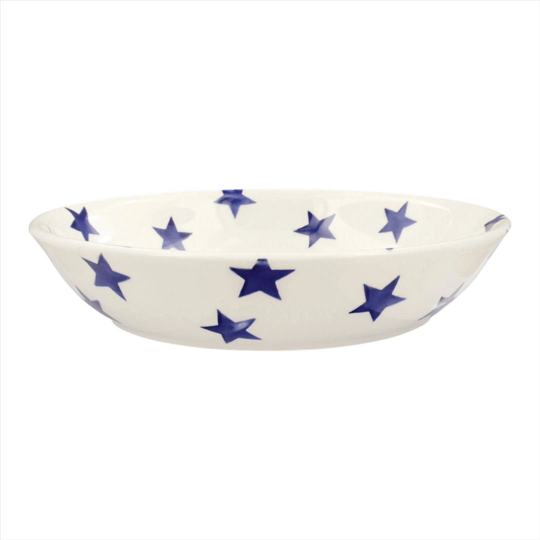 Emma Bridgewater Blue Star medium pasta bowl with a blue star pattern on white ceramic, showcasing its detailed design.