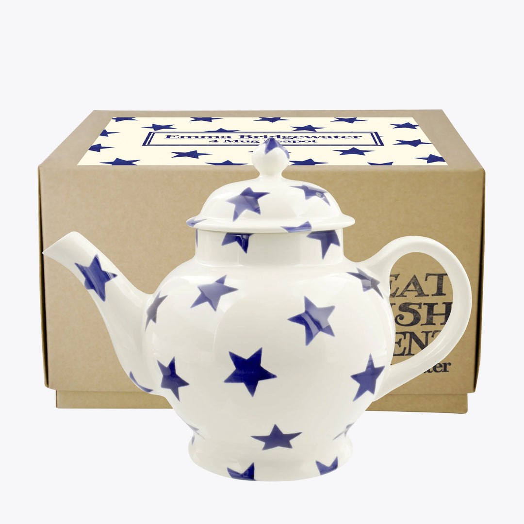 Emma Bridgewater Blue Star 4 Mug Teapot in boxed packaging, featuring a classic design with blue star pattern and ceramic construction.