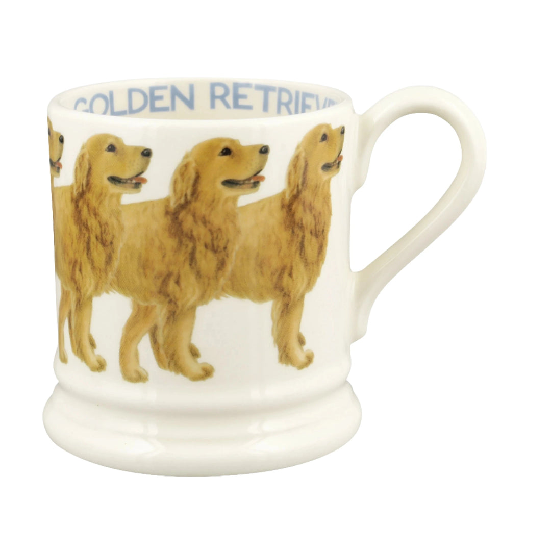 Emma Bridgewater Golden Retriever half pint mug with dog illustration and gray background, showcasing detailed ceramic design.