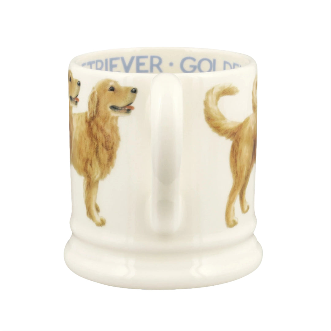 Emma Bridgewater Golden Retriever half pint mug with dog illustration, gray background, and classic ceramic design.