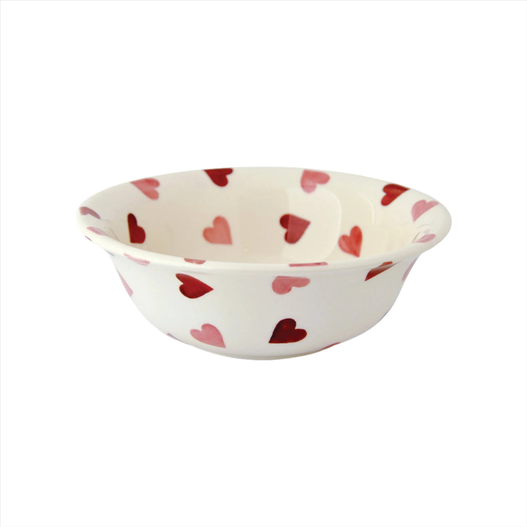 Emma Bridgewater Pink Hearts cereal bowl with pink heart pattern on white ceramic, showcasing a charming and colorful design.