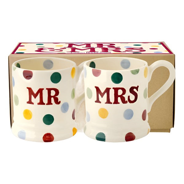 Emma Bridgewater polka dot 'Mr & Mrs' set of 2 half pint mugs with boxed packaging, featuring cheerful polka dot designs.
