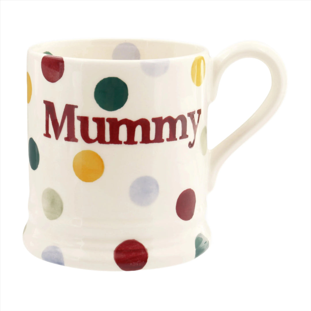 Emma Bridgewater Polka Dot 'Mum' half pint mug with gray polka dots and "Mum" text, ceramic drinkware for special occasions.