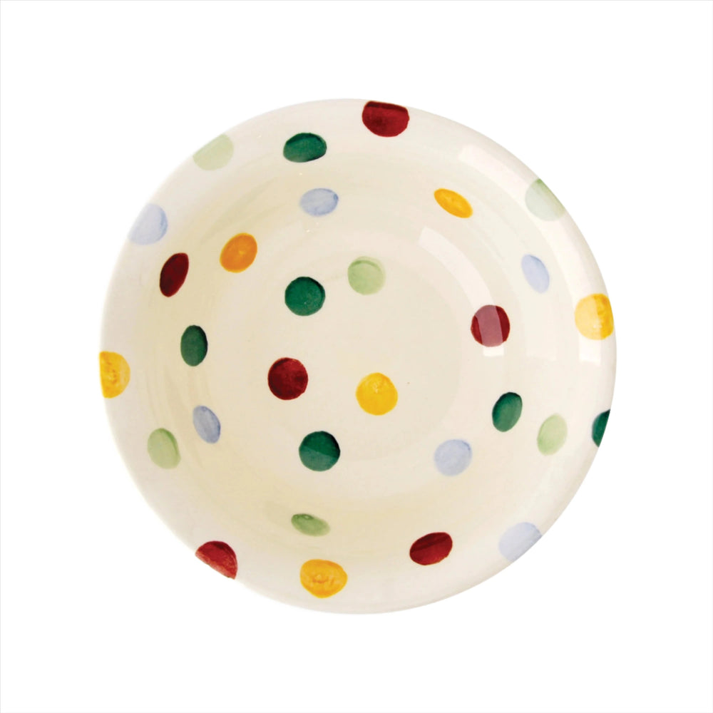Emma Bridgewater Polka Dot Cereal Bowl with gray polka dot pattern on white ceramic, ideal for breakfast serving.