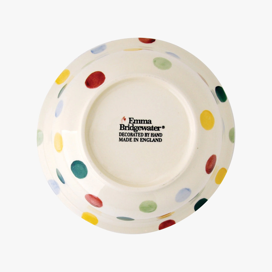 Emma Bridgewater polka dot cereal bowl with gray interior and colorful polka dot pattern, perfect for breakfast or serving snacks.