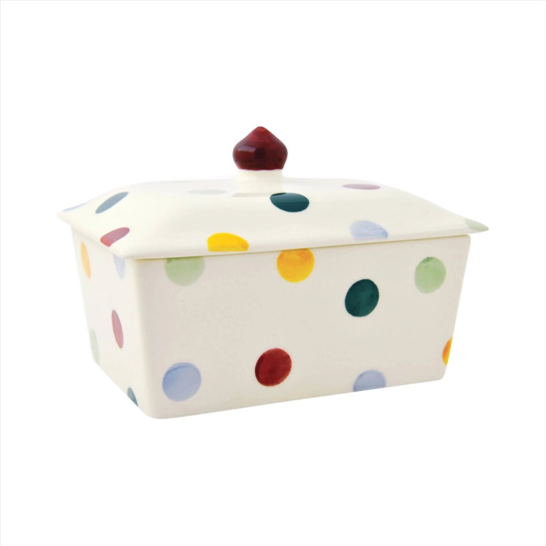 Emma Bridgewater Polka Dot small butter dish in gray ceramic with colorful polka dot pattern.
