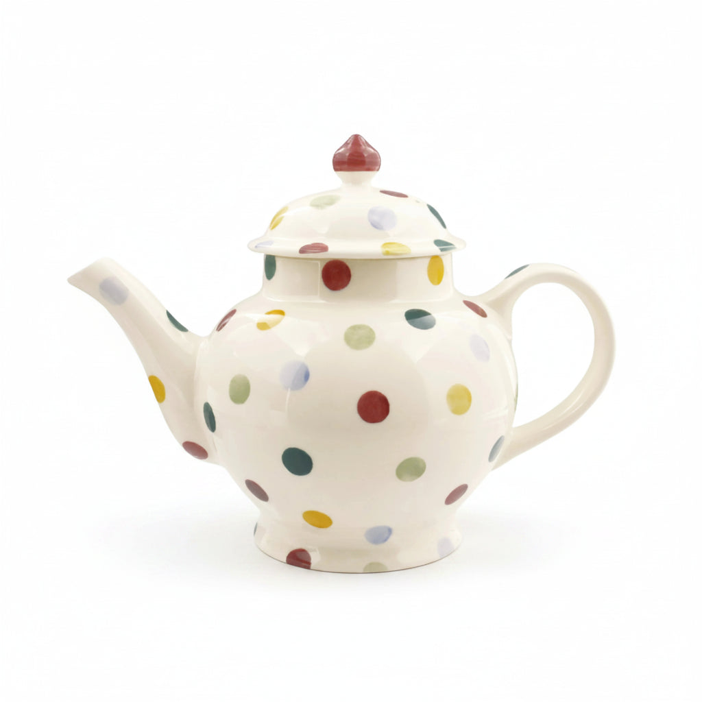 Emma Bridgewater Polka Dot 4 Mug Teapot in gray with boxed packaging, featuring a classic polka dot design and charming ceramic finish.