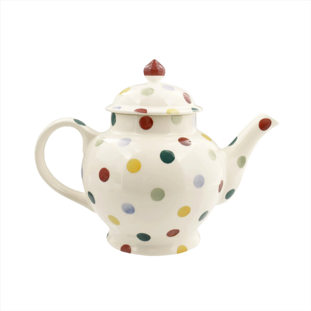 Emma Bridgewater Polka Dot 4 Mug Teapot in gray with colorful polka dot pattern, boxed, showcasing a charming ceramic teapot and matching mugs.