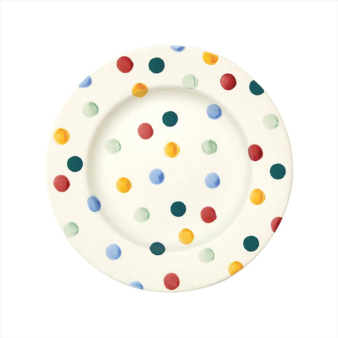 Emma Bridgewater polka dot 8.5-inch ceramic plate with gray and white dots, showcasing a classic and stylish design.